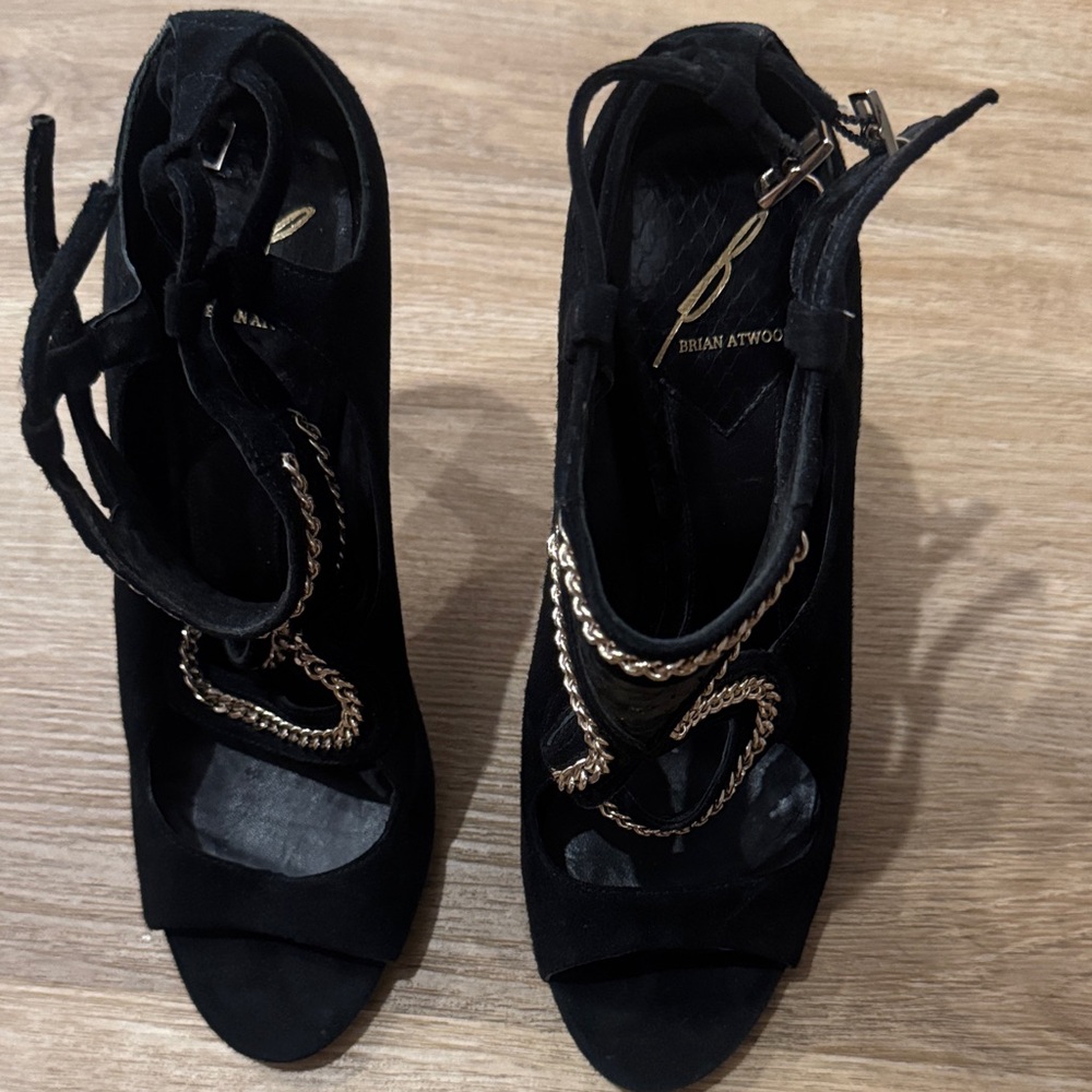 Brian Atwood Black Heels with Gold Chain Accent